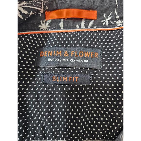Men's Denim & Flower Button Up Shirt Size Slim Fit X Large Black Palm Trees - Picture 2 of 8